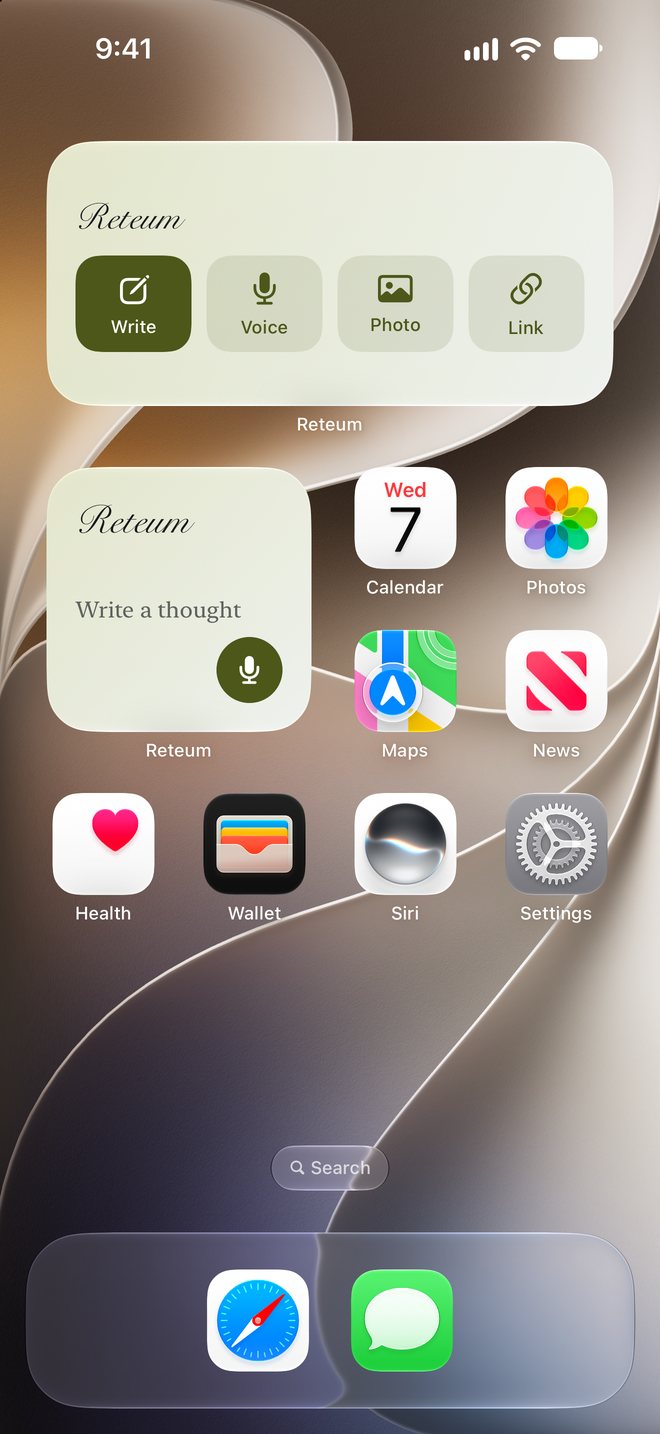 Reteum widgets on the Home Screen: write, voice, photo and link.